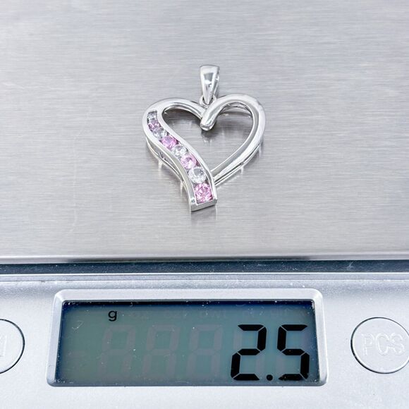 Vintage Sterling Silver 925 3cm Pink & Clear Cubic Zirconia Heart Pendant - Picture 5 of 6